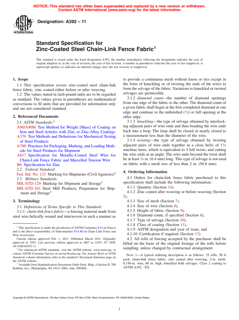 ASTM A392-11 - Standard Specification for Zinc-Coated Steel Chain-Link Fence Fabric