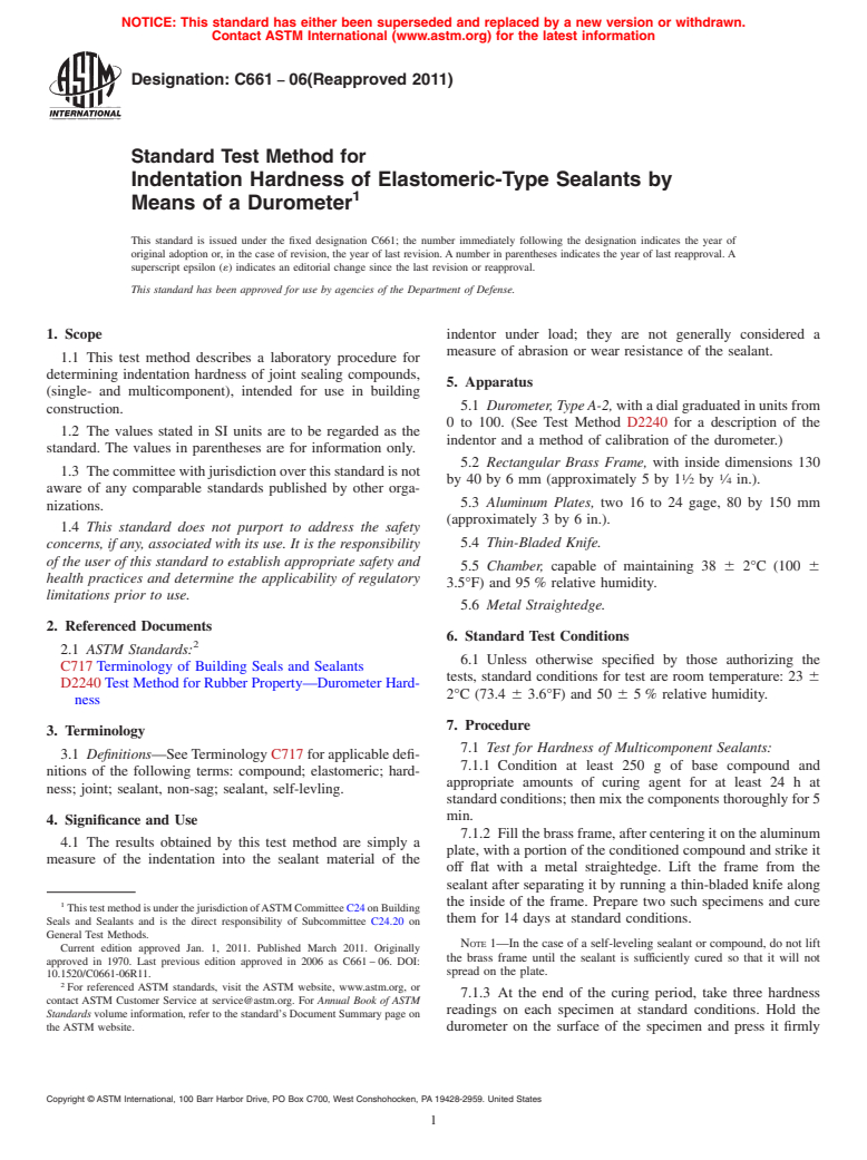 ASTM C661-06(2011) - Standard Test Method for Indentation Hardness of Elastomeric-Type Sealants by Means of a Durometer