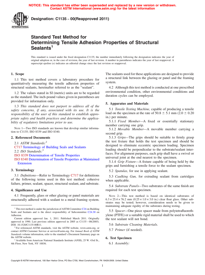 ASTM C1135-00(2011) - Standard Test Method for Determining Tensile Adhesion Properties of Structural Sealants