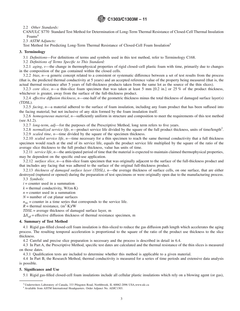 REDLINE ASTM C1303/C1303M-11 - Standard Test Method for  Predicting Long-Term Thermal Resistance of Closed-Cell Foam Insulation