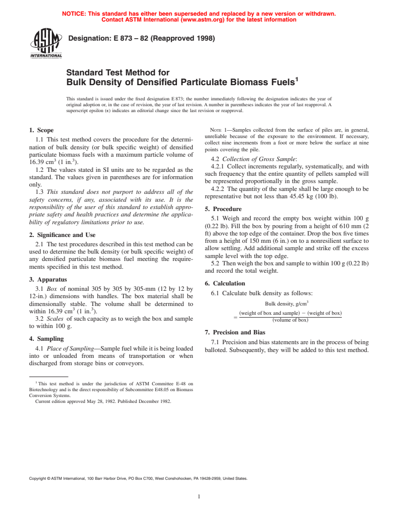 ASTM E873-82(1998) - Standard Test Method for Bulk Density of Densified Particulate Biomass Fuels