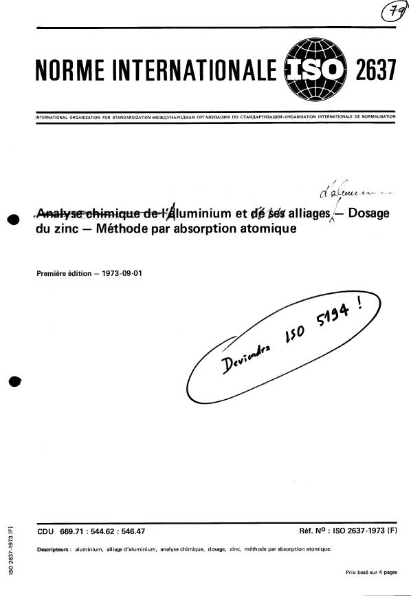 ISO 2637:1973 - Aluminium and its alloys -- Determination of zinc -- Atomic absorption method