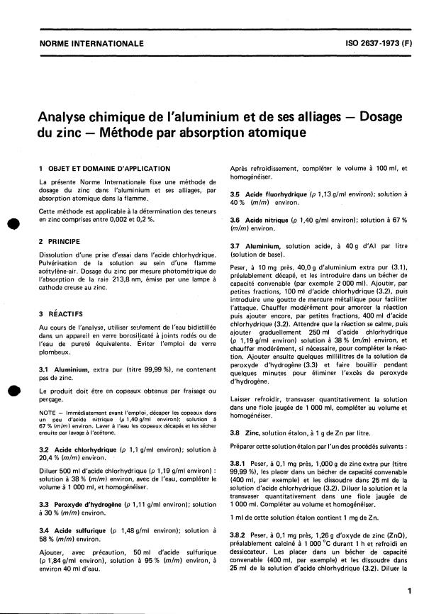 ISO 2637:1973 - Aluminium and its alloys -- Determination of zinc -- Atomic absorption method
