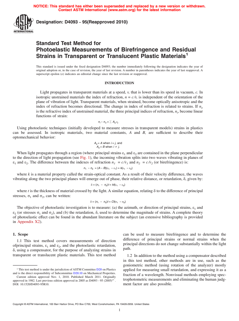 ASTM D4093-95(2010) - Standard Test Method for Photoelastic Measurements of Birefringence and Residual Strains in Transparent or Translucent Plastic Materials