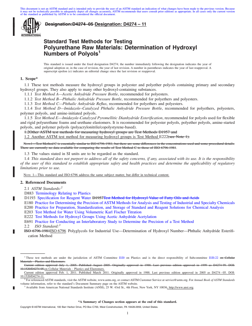 REDLINE ASTM D4274-11 - Standard Test Methods for Testing Polyurethane Raw Materials: Determination of Hydroxyl Numbers of Polyols