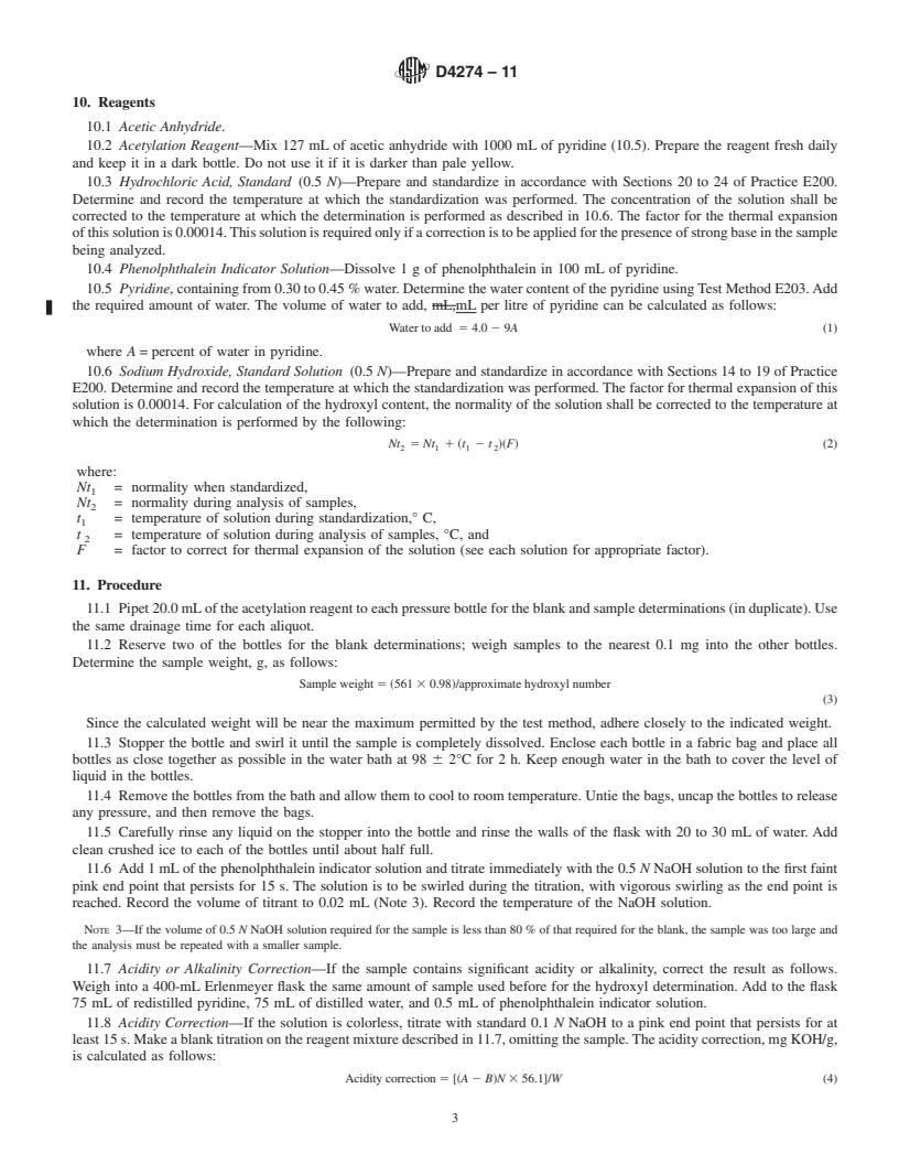 REDLINE ASTM D4274-11 - Standard Test Methods for Testing Polyurethane Raw Materials: Determination of Hydroxyl Numbers of Polyols