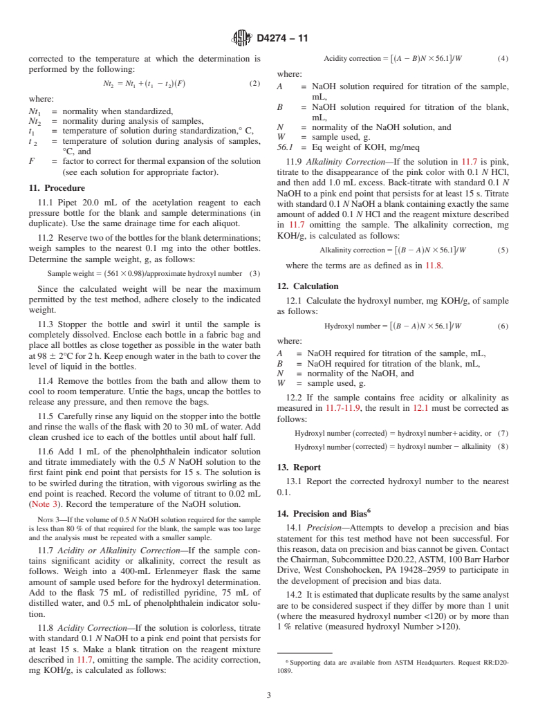 ASTM D4274-11 - Standard Test Methods for Testing Polyurethane Raw Materials: Determination of Hydroxyl Numbers of Polyols