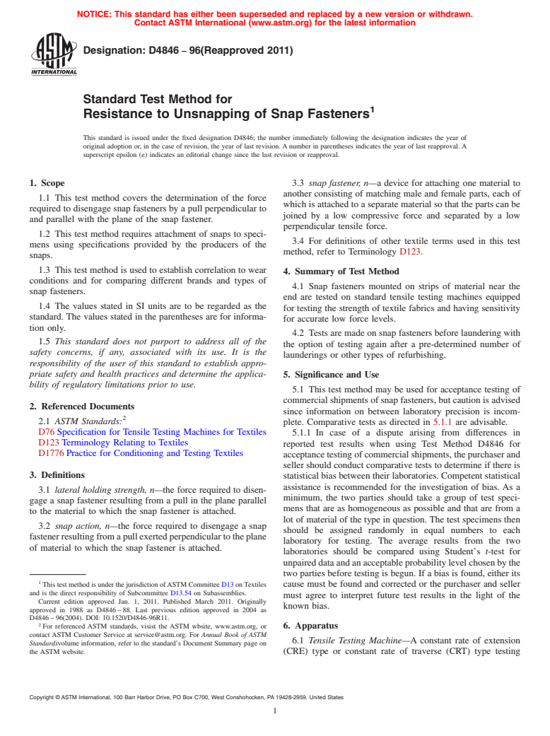 ASTM D4846-96(2011) - Standard Test Method for Resistance to Unsnapping of Snap Fasteners