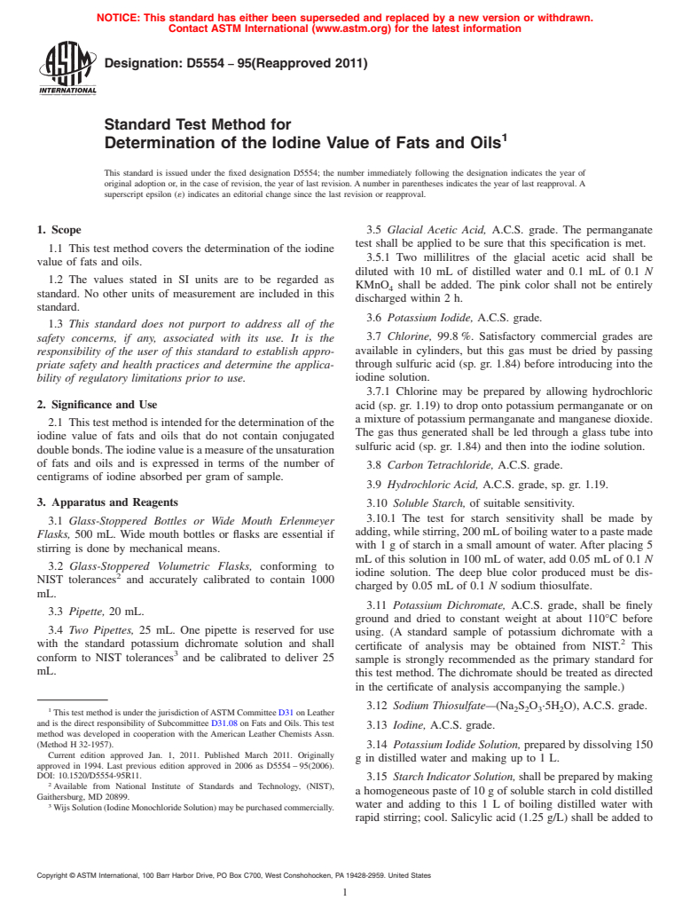 ASTM D5554-95(2011) - Standard Test Method for Determination of the Iodine Value of Fats and Oils