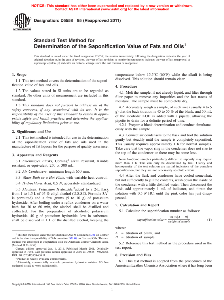 ASTM D5558-95(2011) - Standard Test Method for Determination of the Saponification Value of Fats and Oils