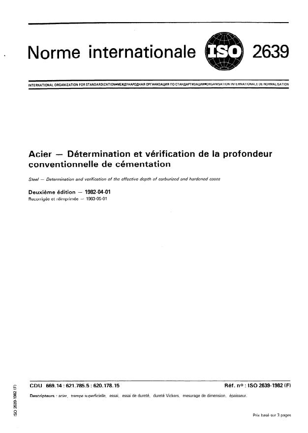 ISO 2639:1982 - Acier -- Détermination et vérification de la profondeur conventionnelle de cémentation