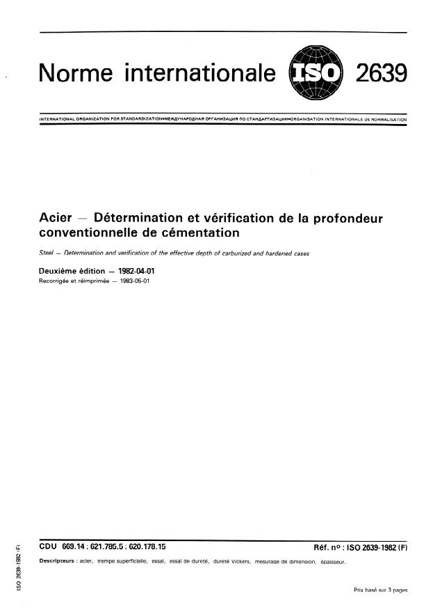 ISO 2639:1982 - Acier -- Détermination et vérification de la profondeur conventionnelle de cémentation