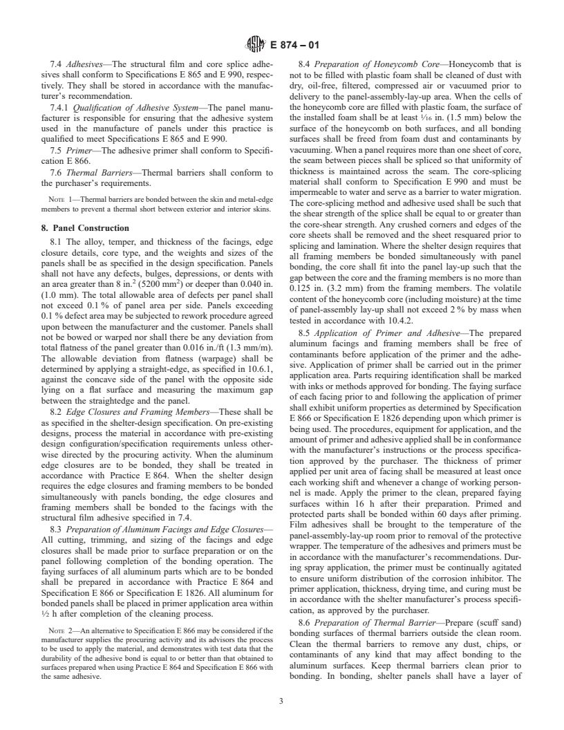 ASTM E874-01 - Standard Practice for Adhesive Bonding of Aluminum Facings to Nonmetallic Honeycomb Core for Shelter Panels