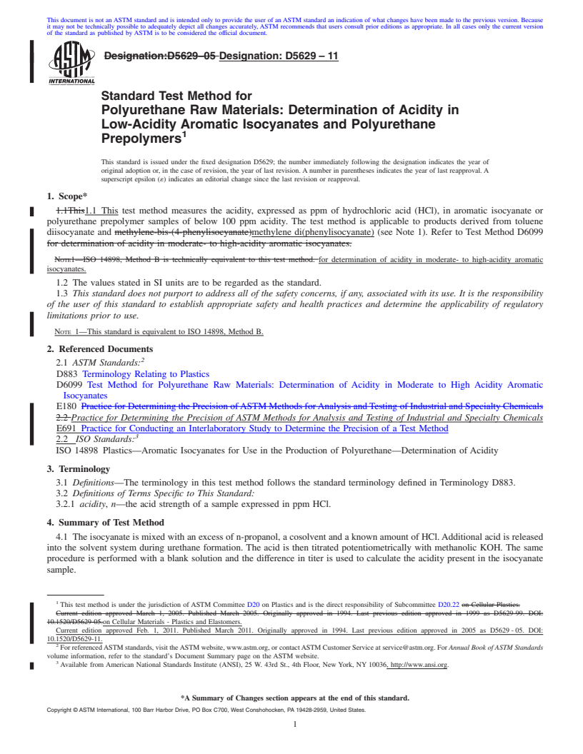 REDLINE ASTM D5629-11 - Standard Test Method for Polyurethane Raw Materials  Determination of Acidity in Low-Acidity Aromatic Isocyanates and Polyurethane Prepolymers