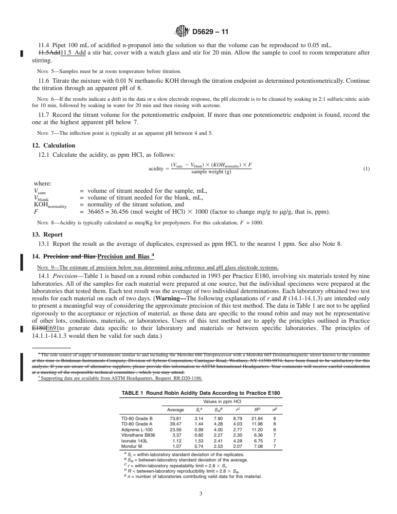 REDLINE ASTM D5629-11 - Standard Test Method for Polyurethane Raw Materials  Determination of Acidity in Low-Acidity Aromatic Isocyanates and Polyurethane Prepolymers