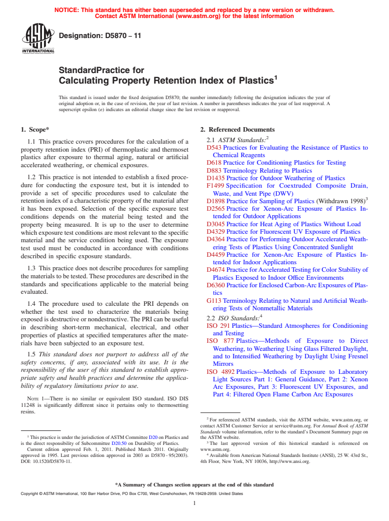 ASTM D5870-11 - Standard Practice for Calculating Property Retention Index of Plastics