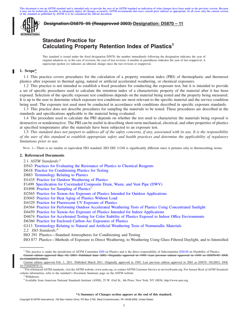 REDLINE ASTM D5870-11 - Standard Practice for Calculating Property Retention Index of Plastics