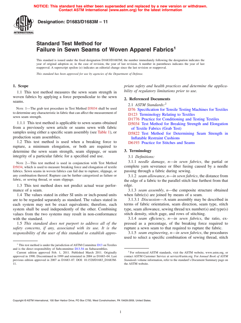 ASTM D1683/D1683M-11 - Standard Test Method for Failure in Sewn Seams of Woven Apparel Fabrics