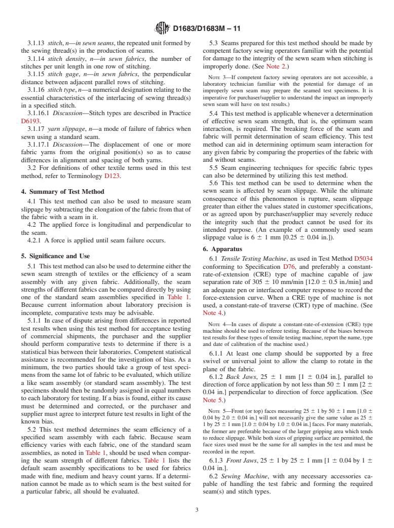 ASTM D1683/D1683M-11 - Standard Test Method for Failure in Sewn Seams of Woven Apparel Fabrics