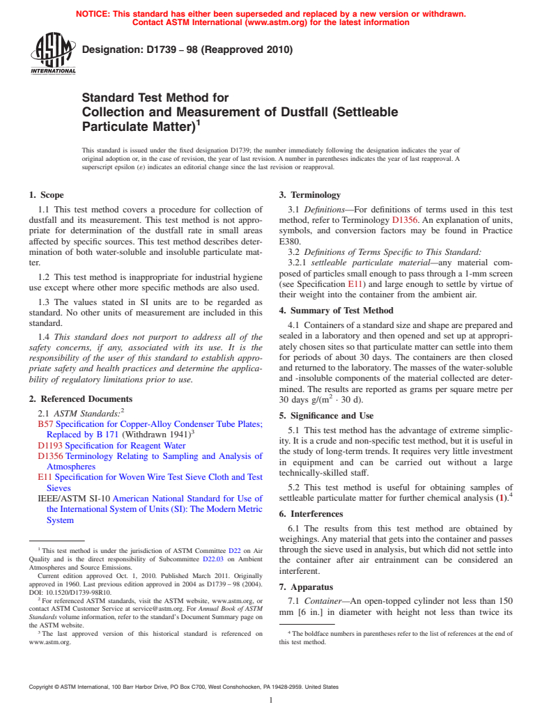 ASTM D1739-98(2010) - Standard Test Method for Collection and Measurement of Dustfall (Settleable Particulate Matter)