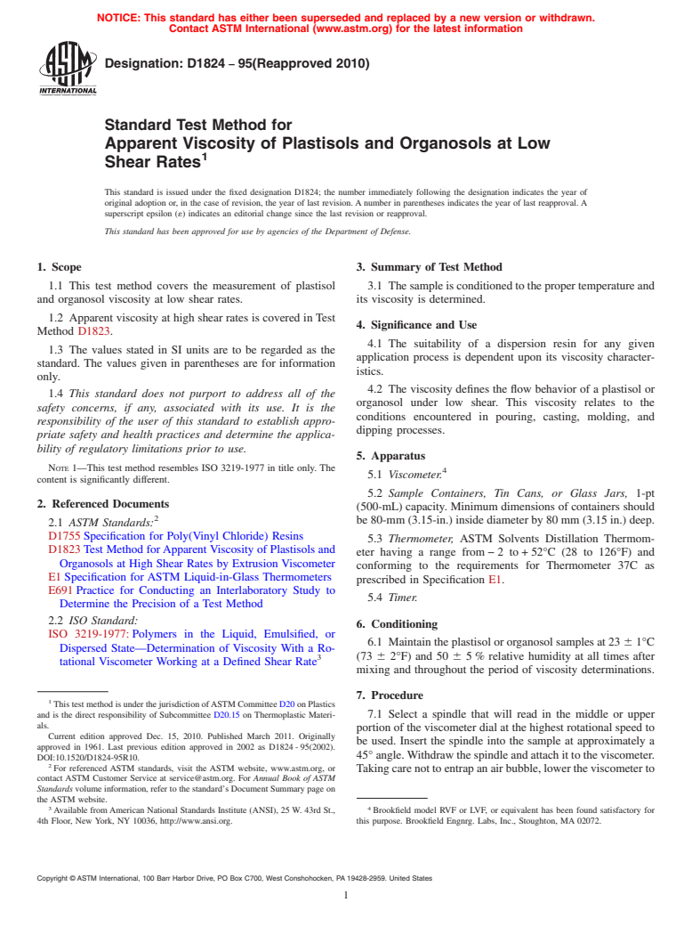 ASTM D1824-95(2010) - Standard Test Method for Apparent Viscosity of Plastisols and Organosols at Low Shear Rates