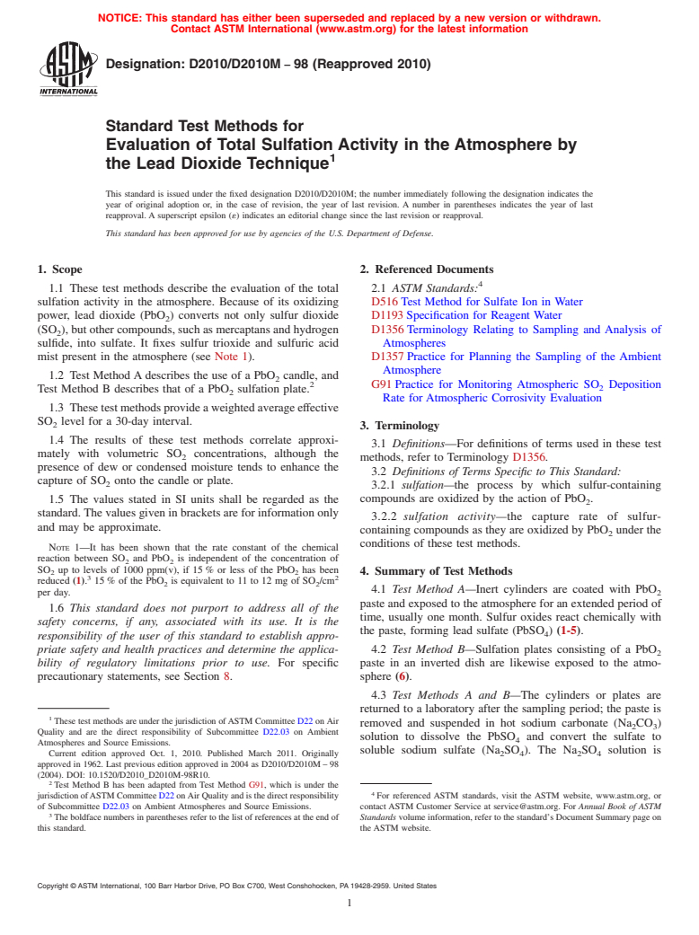 ASTM D2010/D2010M-98(2010) - Standard Test Methods for Evaluation of Total Sulfation Activity in the Atmosphere by the Lead Dioxide Technique