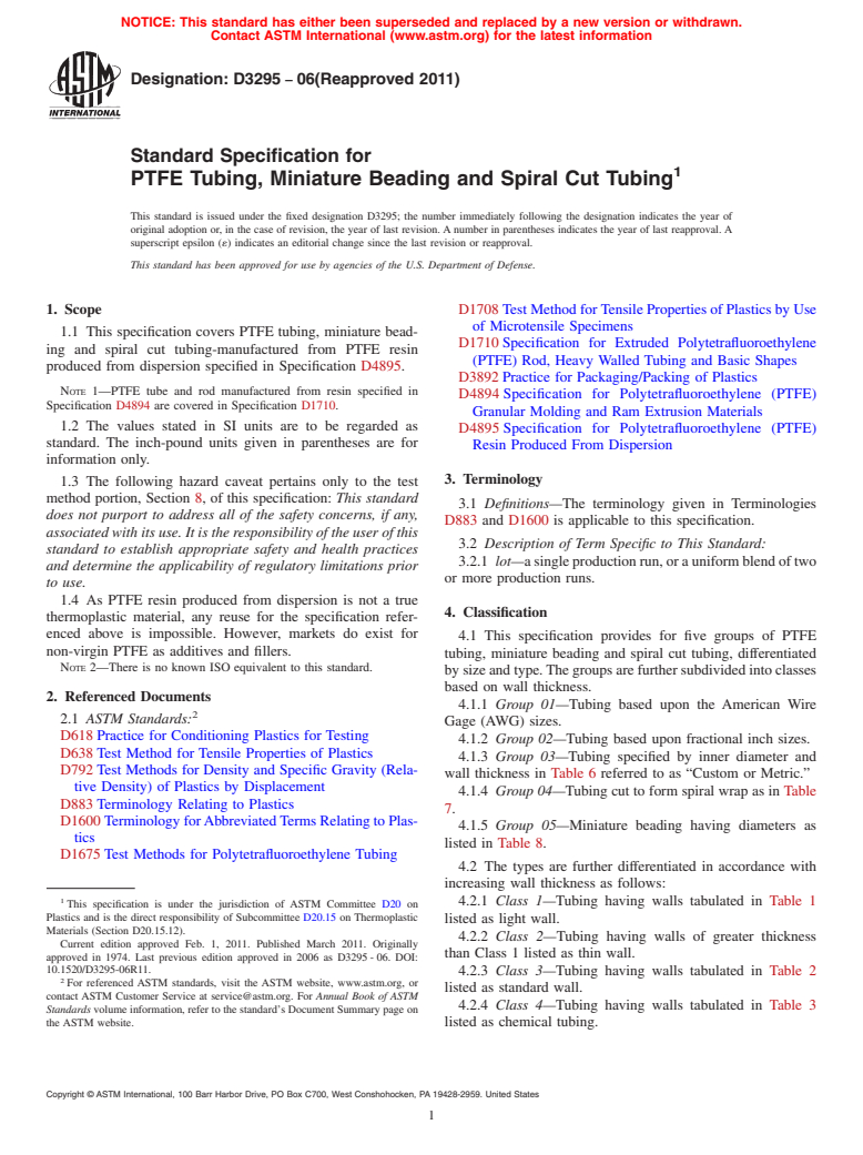 ASTM D3295-06(2011) - Standard Specification for PTFE Tubing, Miniature Beading and Spiral Cut Tubing