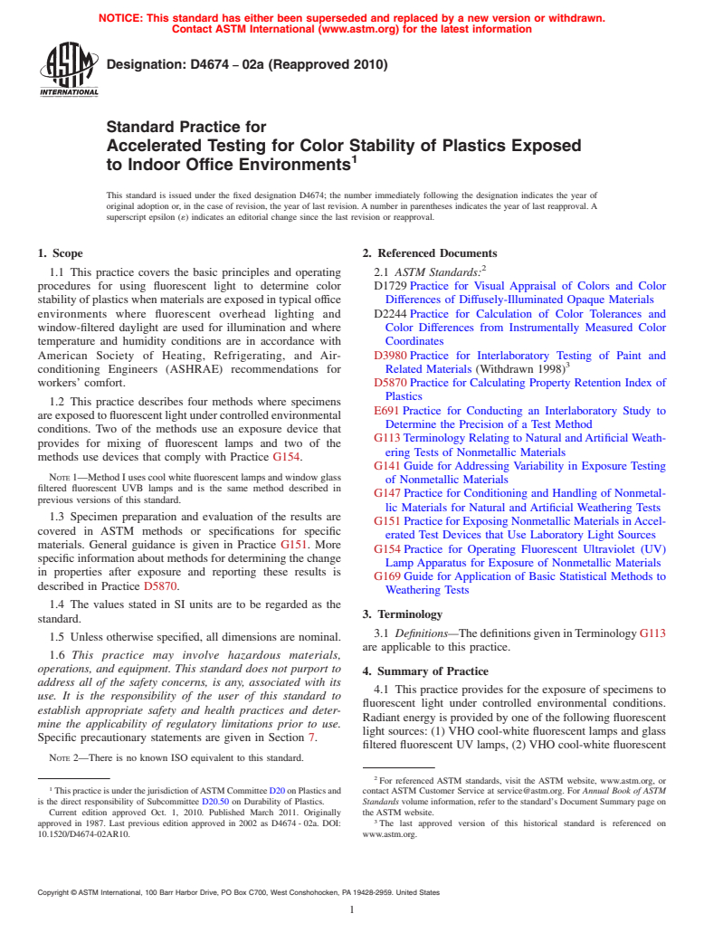 ASTM D4674-02a(2010) - Standard Practice for Accelerated Testing for Color Stability of Plastics Exposed to Indoor Office Environments (Withdrawn 2019)