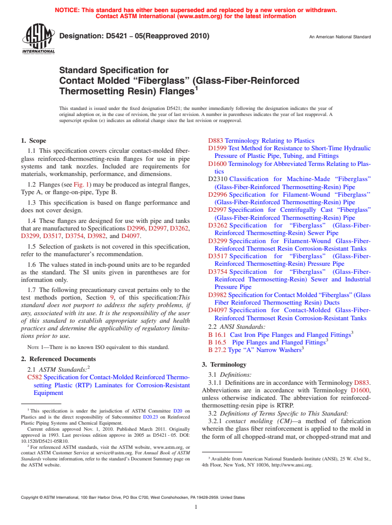 ASTM D5421-05(2010) - Standard Specification for Contact Molded "Fiberglass" (Glass-Fiber-Reinforced Thermosetting Resin) Flanges