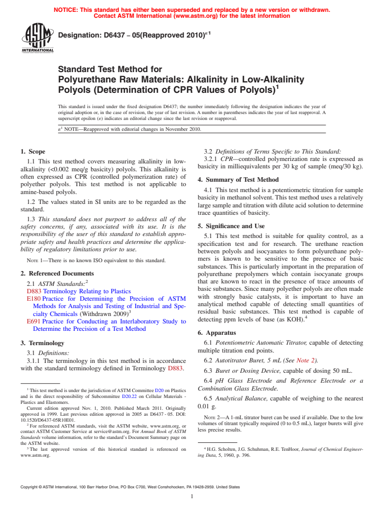 ASTM D6437-05(2010)e1 - Standard Test Method for Polyurethane Raw Materials: alkalinity in Low-Alkalinity Polyols (Determination of CPR values of Polyols)