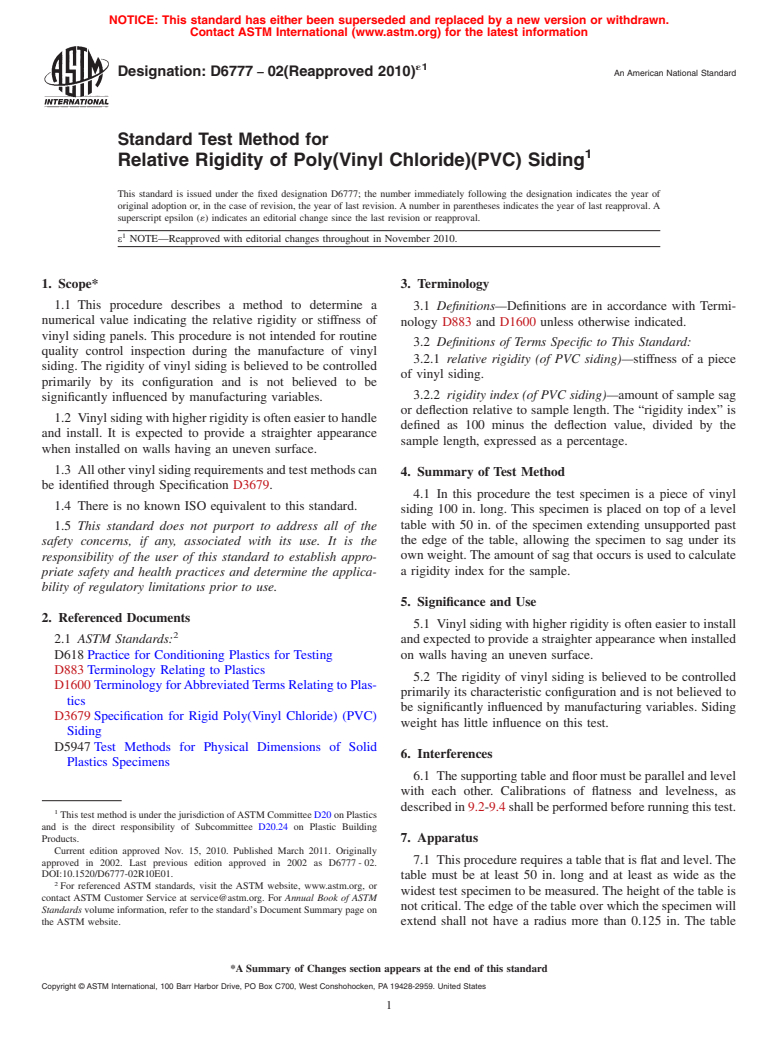 ASTM D6777-02(2010)e1 - Standard Test Method for Relative Rigidity of Poly(Vinyl Chloride)(PVC) Siding