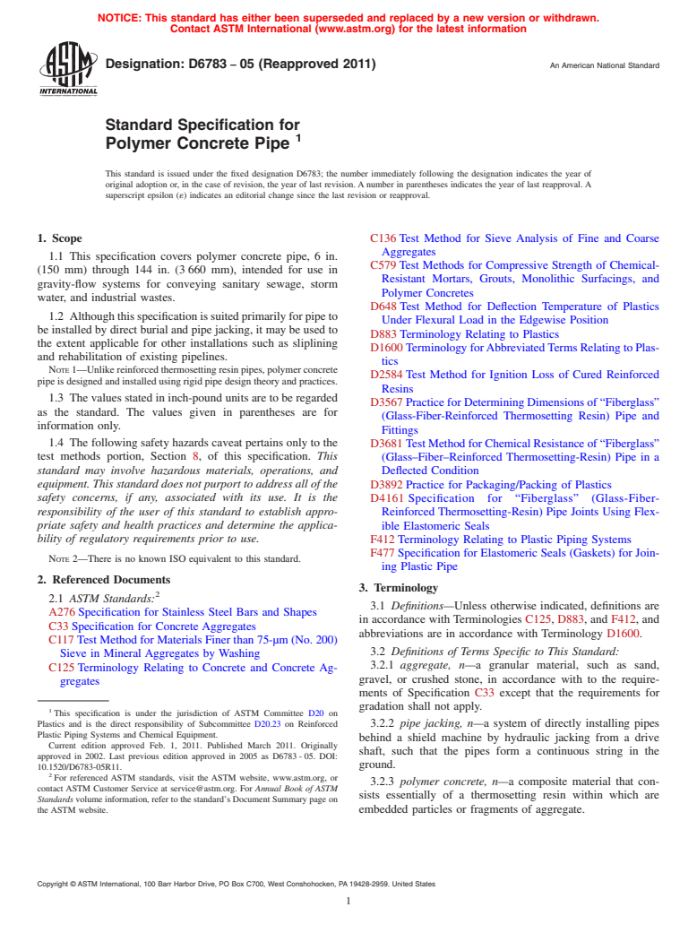 ASTM D6783-05(2011) - Standard Specification for Polymer Concrete Pipe