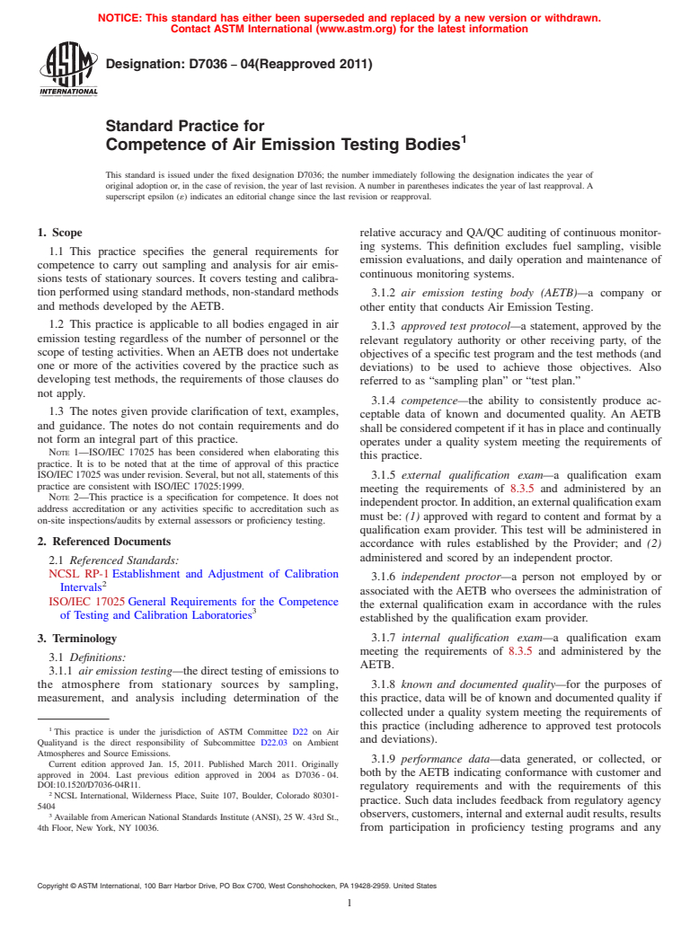 ASTM D7036-04(2011) - Standard Practice for Competence of Air Emission Testing Bodies