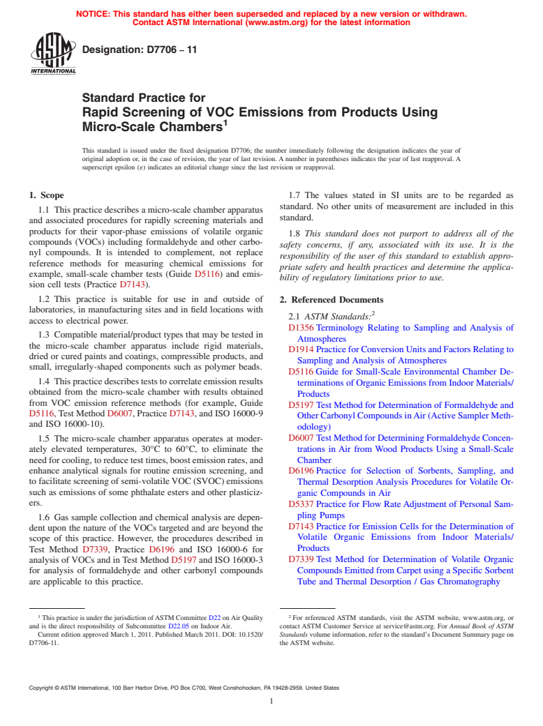 ASTM D7706-11 - Standard Practice for Rapid Screening of VOC Emissions from Products Using Micro-Scale Chambers