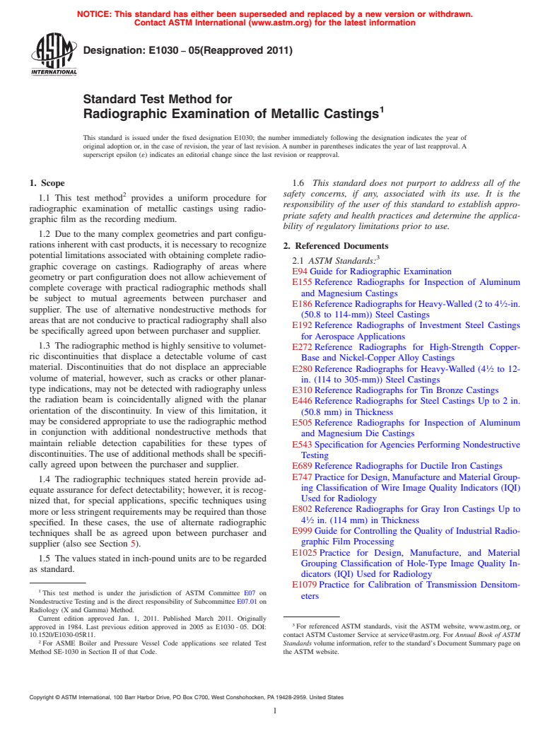 ASTM E1030-05(2011) - Standard Test Method for Radiographic Examination of Metallic Castings