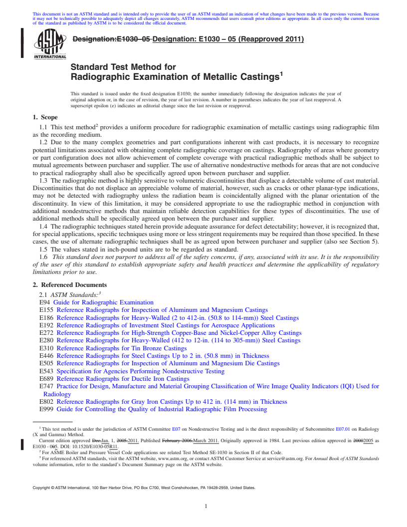 REDLINE ASTM E1030-05(2011) - Standard Test Method for Radiographic Examination of Metallic Castings