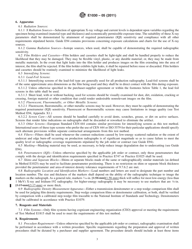 REDLINE ASTM E1030-05(2011) - Standard Test Method for Radiographic Examination of Metallic Castings