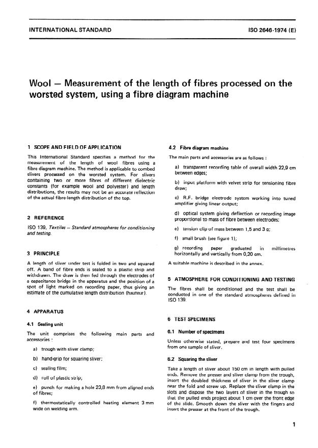 ISO 2646:1974 - Wool -- Measurement of the length of fibres processed on the worsted system, using a fibre diagram machine