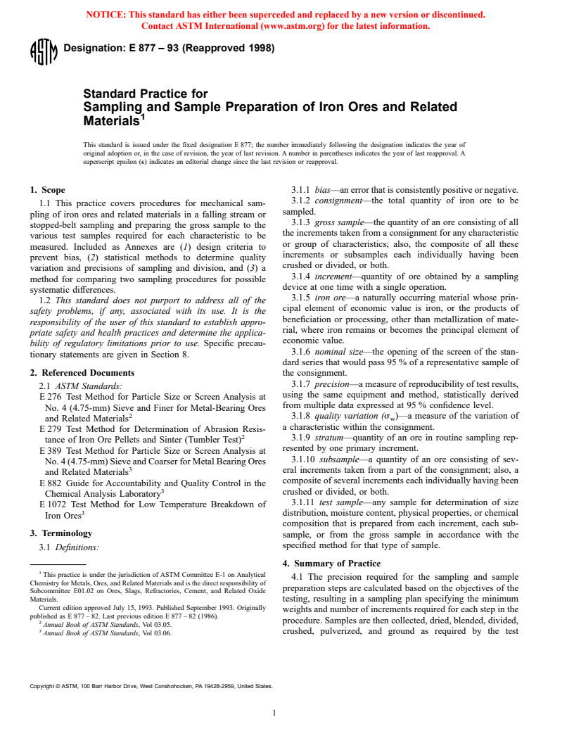 ASTM E877-93(1998) - Standard Practice for Sampling and Sample Preparation of Iron Ores and Related Materials