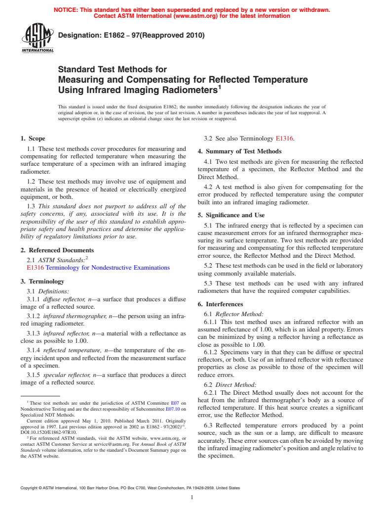 ASTM E1862-97(2010) - Standard Test Methods for Measuring and Compensating for Reflected Temperature Using Infrared Imaging Radiometers