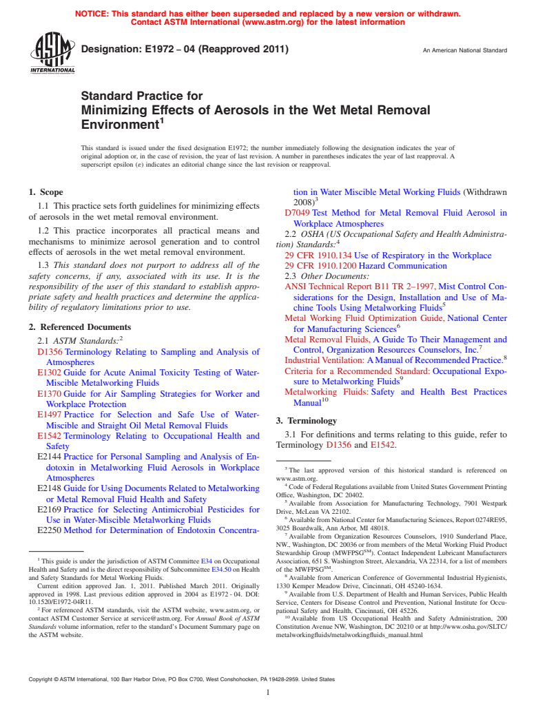 ASTM E1972-04(2011) - Standard Practice for Minimizing Effects of Aerosols in the Wet Metal Removal Environment (Withdrawn 2017)