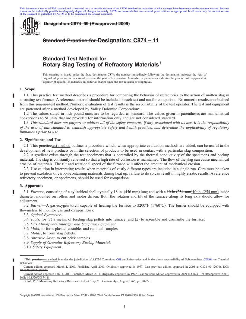 REDLINE ASTM C874-11 - Standard Practice for Rotary Slag Testing of Refractory Materials