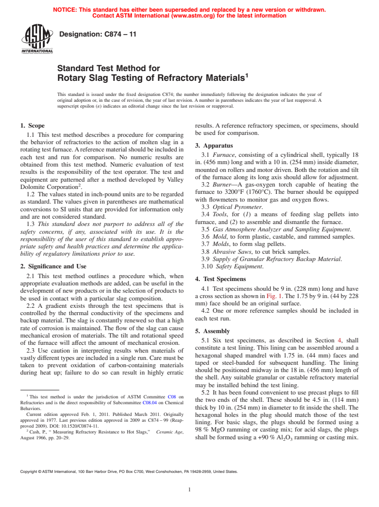 ASTM C874-11 - Standard Practice for Rotary Slag Testing of Refractory Materials