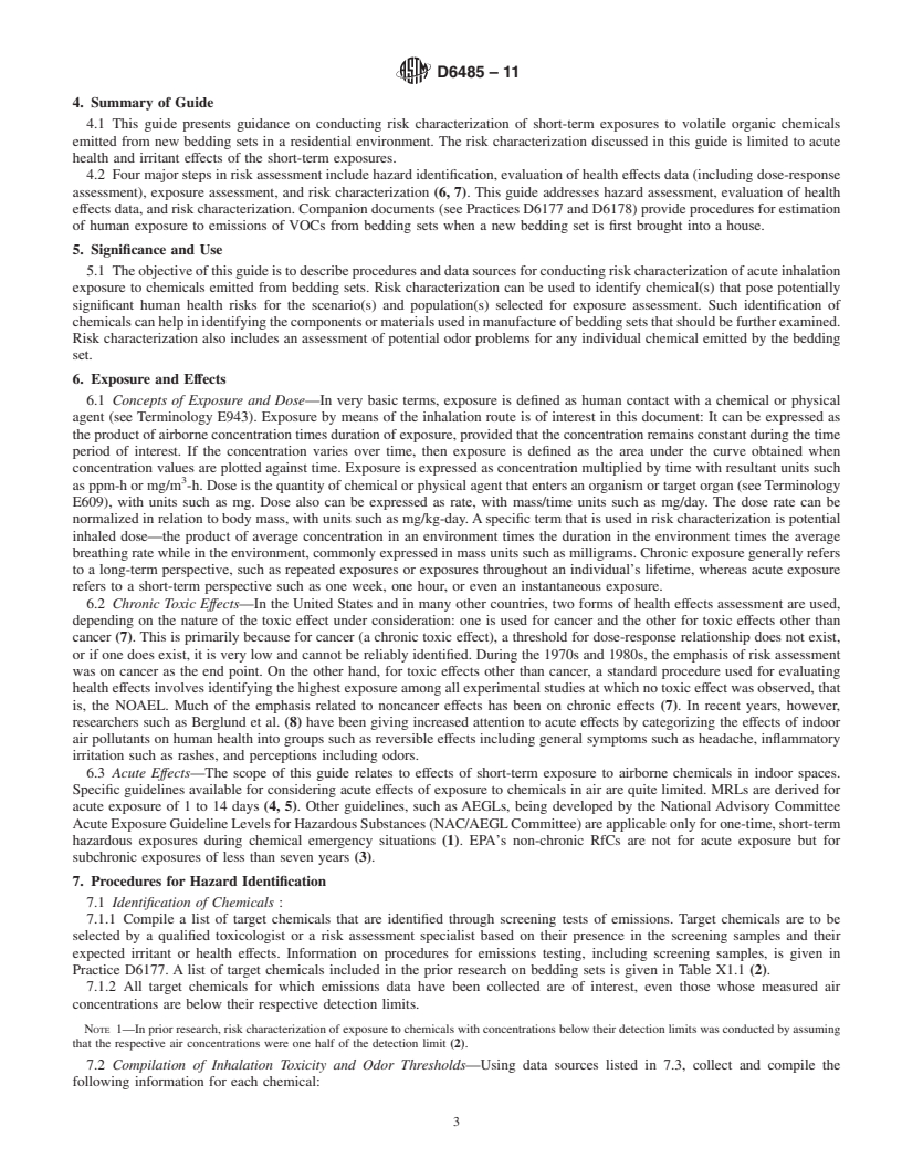 REDLINE ASTM D6485-11 - Standard Guide for Risk Characterization of Acute and Irritant Effects of Short-Term Exposure to Volatile Organic Chemicals Emitted from Bedding Sets