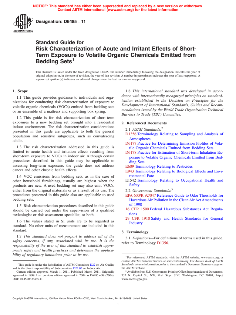 ASTM D6485-11 - Standard Guide for Risk Characterization of Acute and Irritant Effects of Short-Term Exposure to Volatile Organic Chemicals Emitted from Bedding Sets