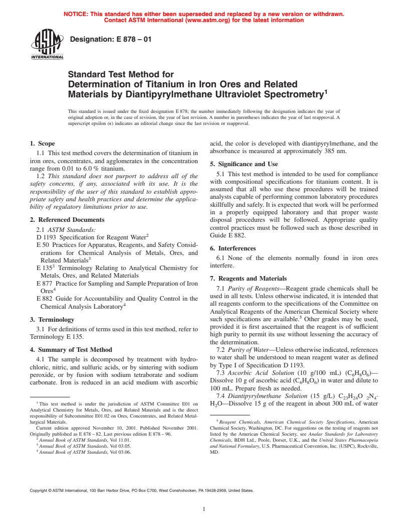 ASTM E878-01 - Standard Test Method for Determination of Titanium in Iron Ores and Related Materials by Diantipyrylmethane Untraviolet Spectrometry