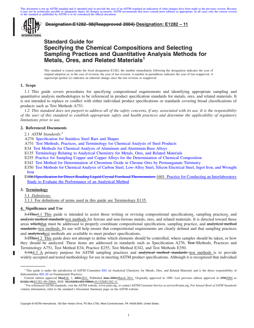 REDLINE ASTM E1282-11 - Standard Guide for Specifying the Chemical Compositions and Selecting Sampling Practices and Quantitative Analysis Methods for Metals, Ores, and Related Materials