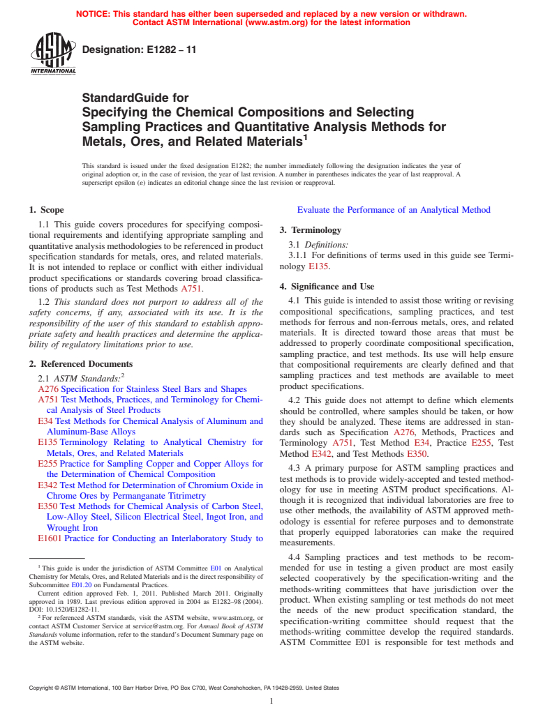 ASTM E1282-11 - Standard Guide for Specifying the Chemical Compositions and Selecting Sampling Practices and Quantitative Analysis Methods for Metals, Ores, and Related Materials