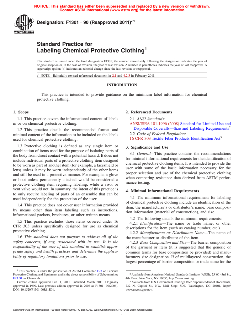 ASTM F1301-90(2011)e1 - Standard Practice for Labeling Chemical Protective Clothing