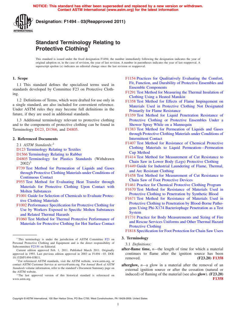 ASTM F1494-03(2011) - Standard Terminology Relating to Protective Clothing